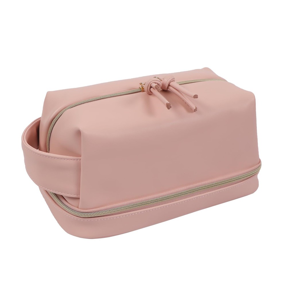 Double Layer Waterproof Makeup Bag with Handle and Brush Compartment for Travel
