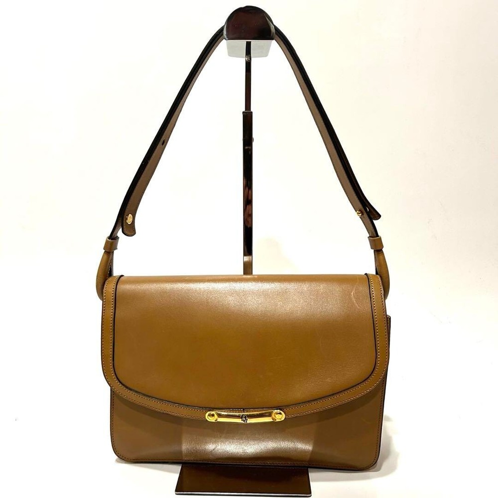 Vintage Christian Dior Brown Leather Shoulder Bag with Gold Hardware from Japan