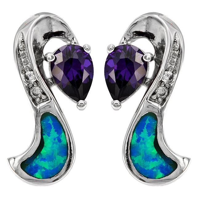 Amethyst & Australian Opal Inlay 925 Sterling Silver Earrings Jewelry EO1