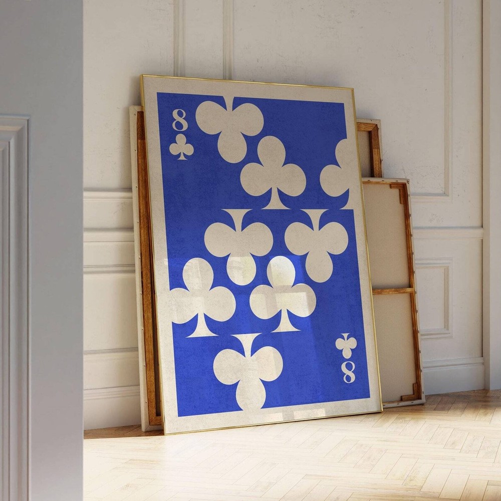 8 Of Clubs Retro Playing Card Wall Art Trendy Blue Aesthetic Poster For Modern
