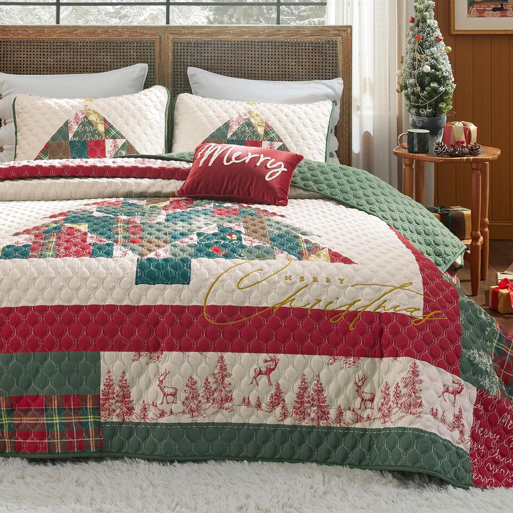 Christmas Quilt Set King 4-Piece Bedding Multicolor Patchwork Tree 106