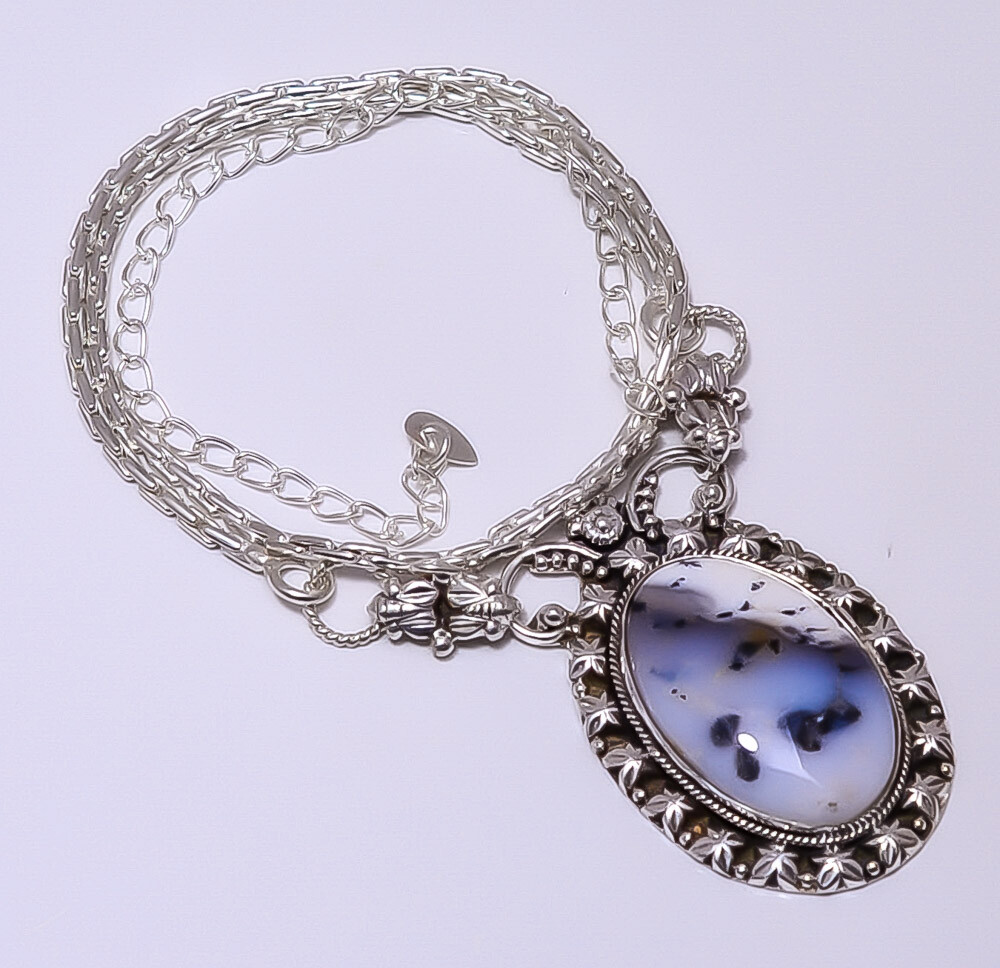 Merlinite Dendritic Opal -Brazil 925 Sterling Silver Bali Necklace 16-24.99