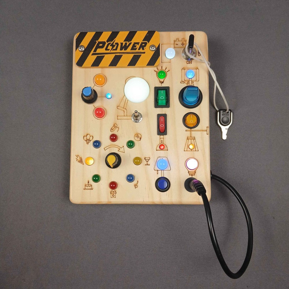 Montessori Wooden Busy Board with LED Lights and Switches for Toddlers – Safety Tested