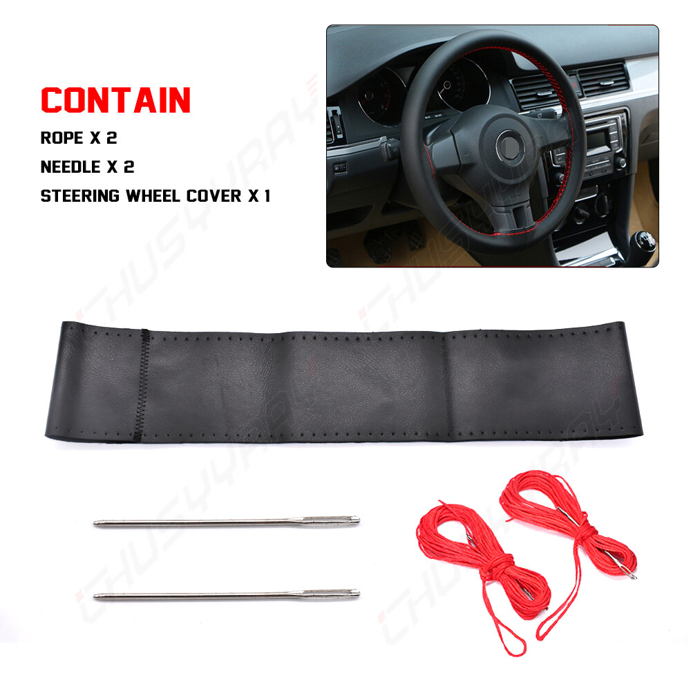 Car Auto DIY Black Genuine Leather Steering Wheel Cover Wrap Sew-on Kit 37-38cm