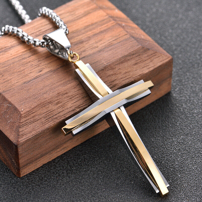 Mens Polished Stainless Steel Silver Cross Pendant Necklace 24 Inches Chain Gift