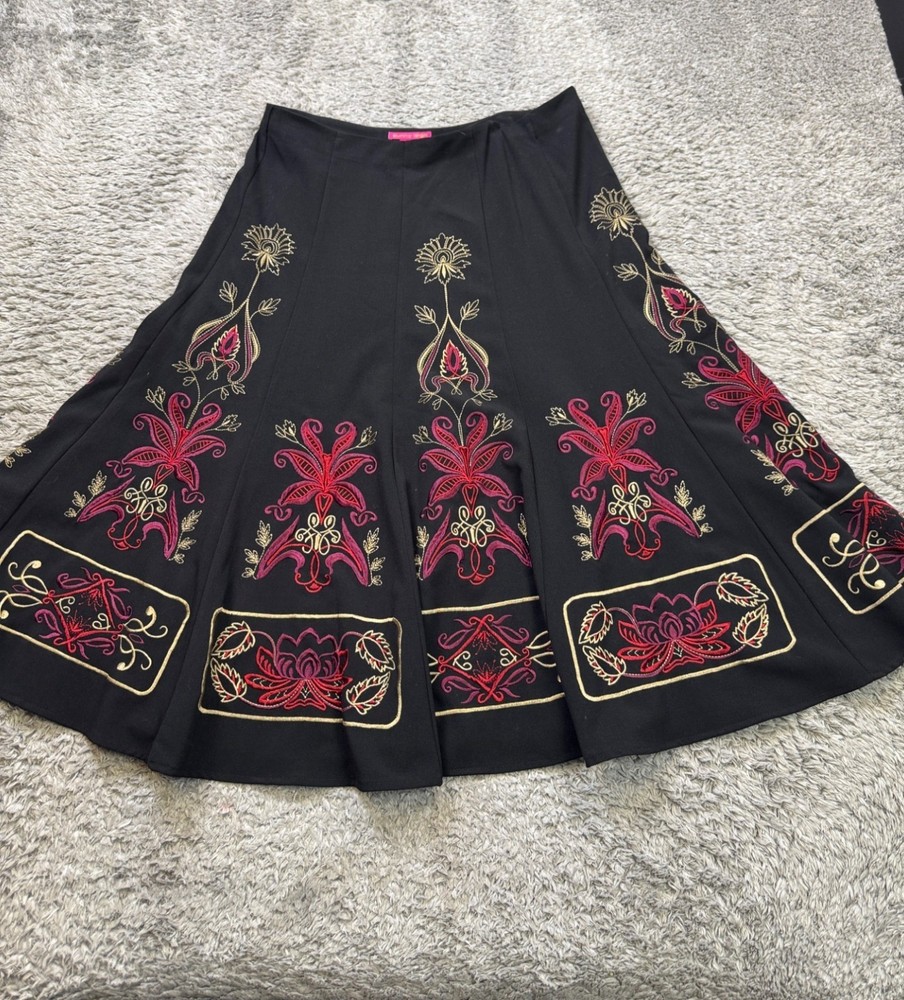 Sunny Leigh Skirt Women 12 Belle Russe Black Floral Embroidered Flared A-Line