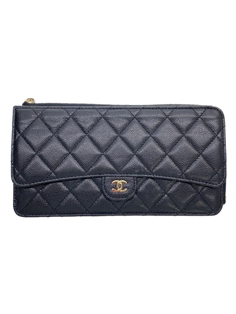 CHANEL Black Caviar Leather Matelassé CC Zip Long Wallet Pre-Owned