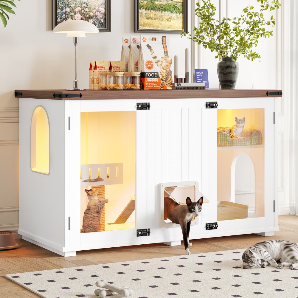 Cat Litter Box Enclosure with LED Light, Stairs, and Scratching Post