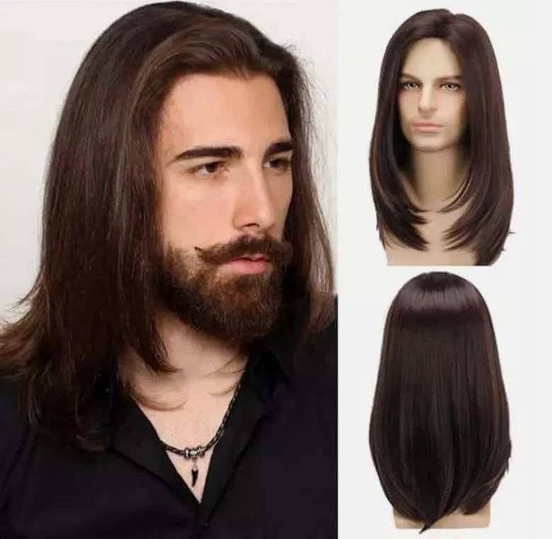 Long Brown Wig for Mens,Straight Hair Synthetic Heat Resistant Men Wigs for Dail