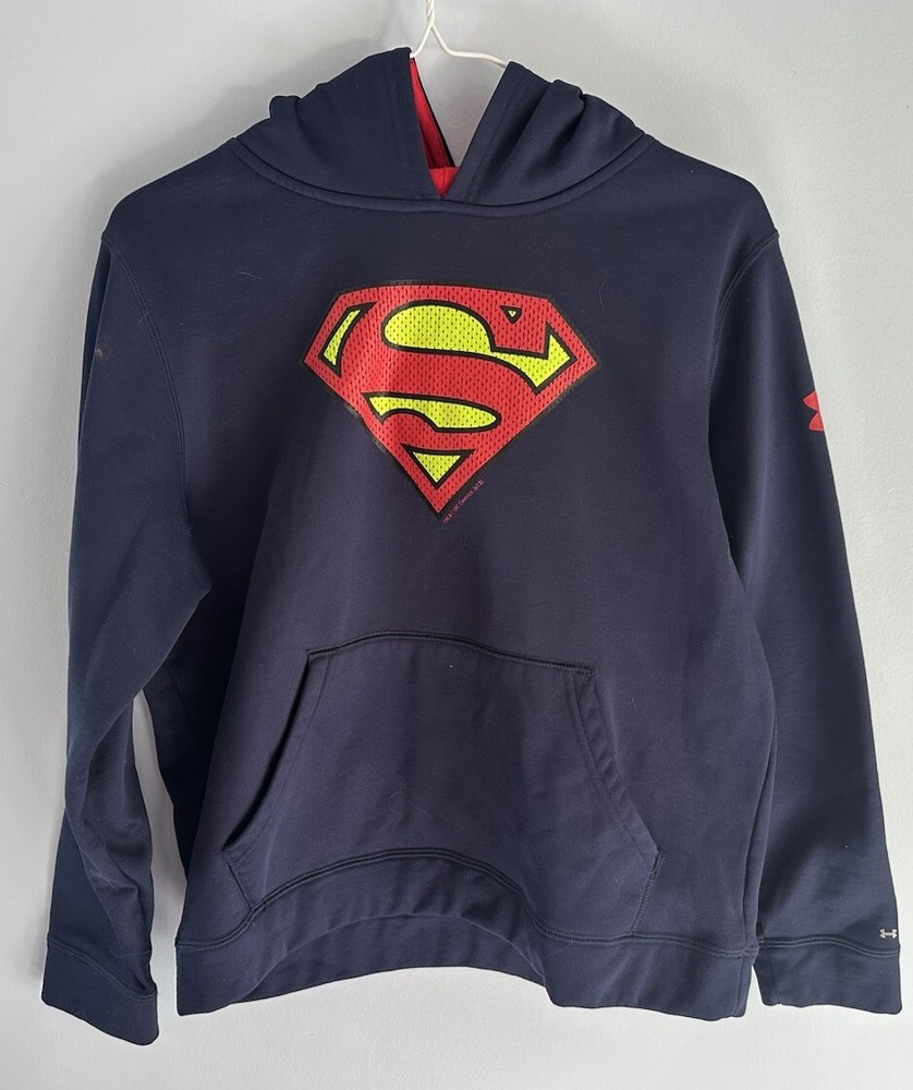 Under Armour Superman Hoodie Sweatshirt Blue Size YLG/JG/G Loose Coldgear