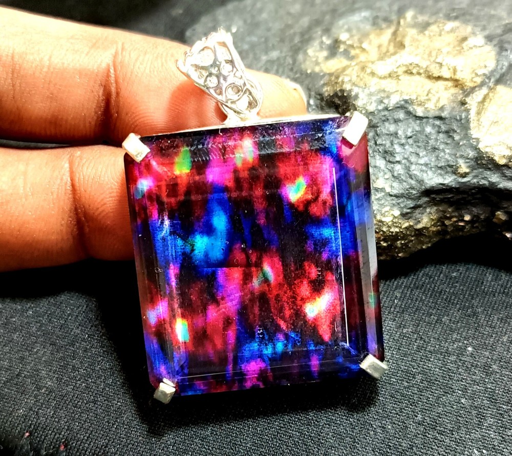 Certified 90.95Ct Natural Ammolite 925 Silver Emerald Cut Pendant Loose Gemstone