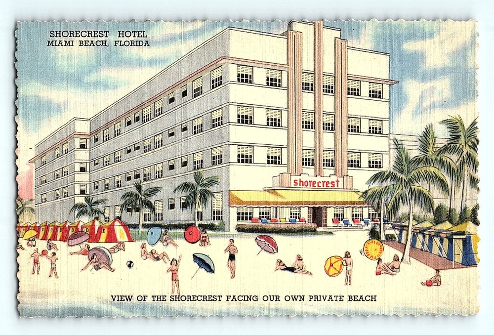 Shorecrest Hotel Miami Beach Florida Private Beach Palm Trees Linen Postcard G2