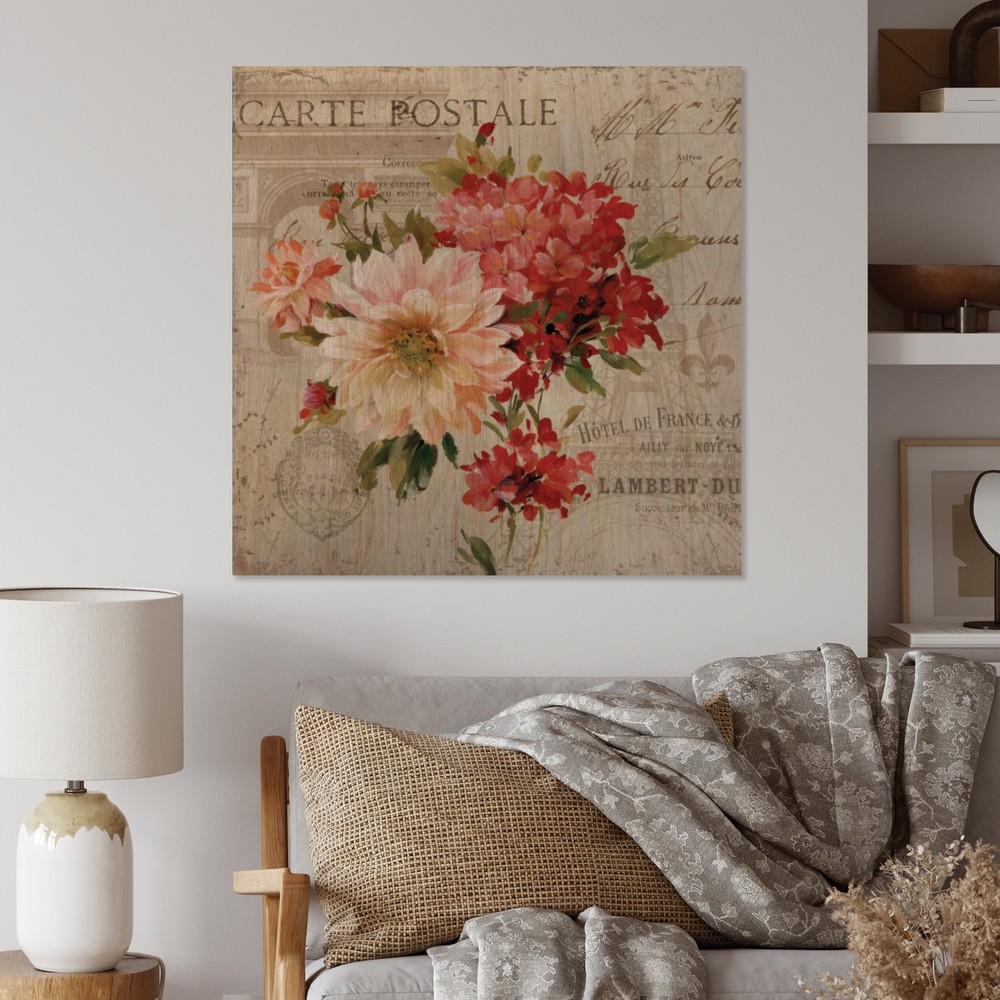 Designart 'Red Painted Flowers on Vintage Postcard III'  Small