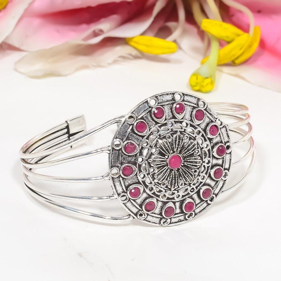 Christmas Sale July Birthday Ruby Sterling Silver Cuff Bracelet Trendy Red Stone Gift-image