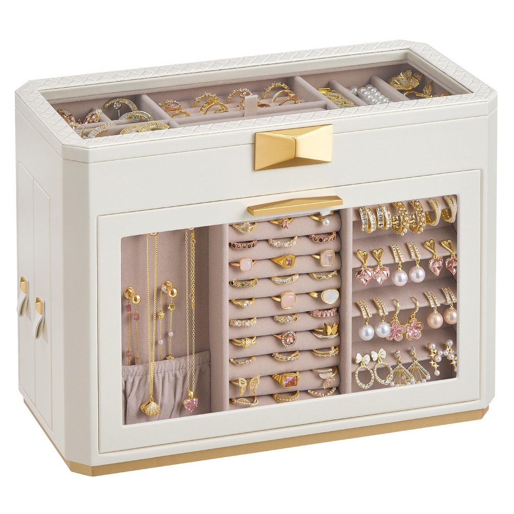 Large Vertical Jewelry Organizer Box with Glass Windows and Pouch Storage