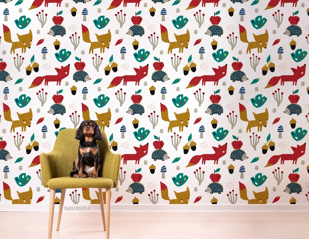 3D Fox Hedgehog Apple Pattern Wall Murals Wallpaper Murals Wall Sticker