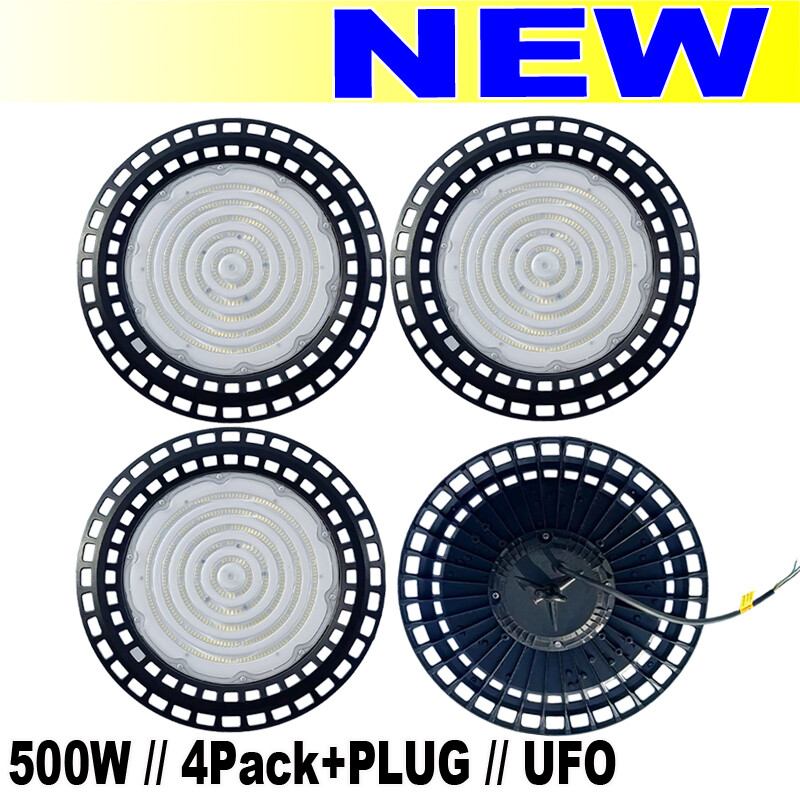 500W UFO High Bay LED Light Fixture 4-Pack with Plug for Factories Warehouses