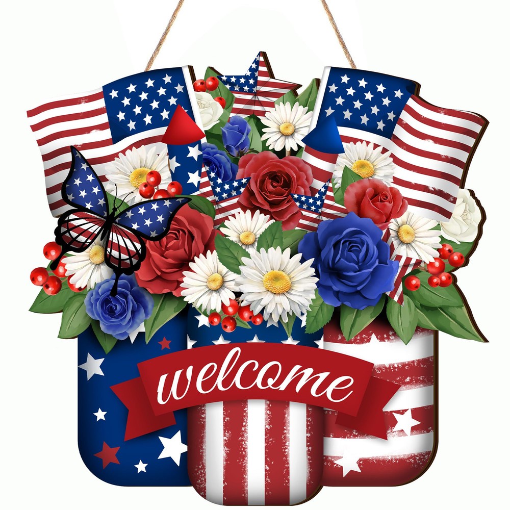 4th of July Patriotic Door Wreath Independence Day Floral Decor