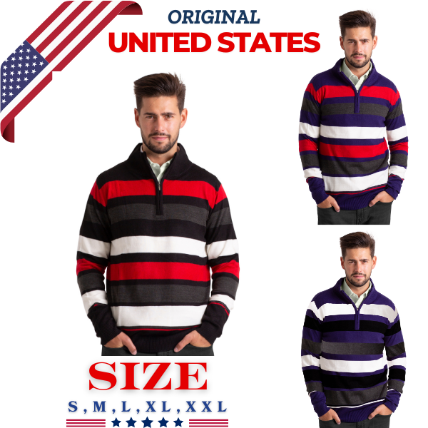 WESTACE Men’s Striped Quarter-Zip Sweater Casual Knit Pullover Jumper S-XXL