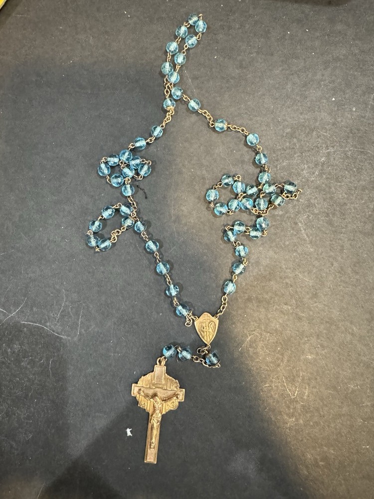 Vintage Blue Glass Bead Rosary Necklace