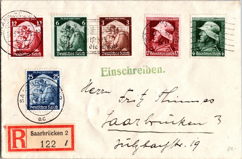 1935 Saarbrucken Germany Registered Local Mail Cover World War II Stamps WWII
