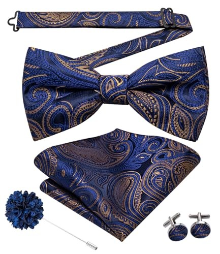 Bow Ties for Men Pre-Tied Pocket Square Lapel Pin Cufflinks Blue Brown Paisley