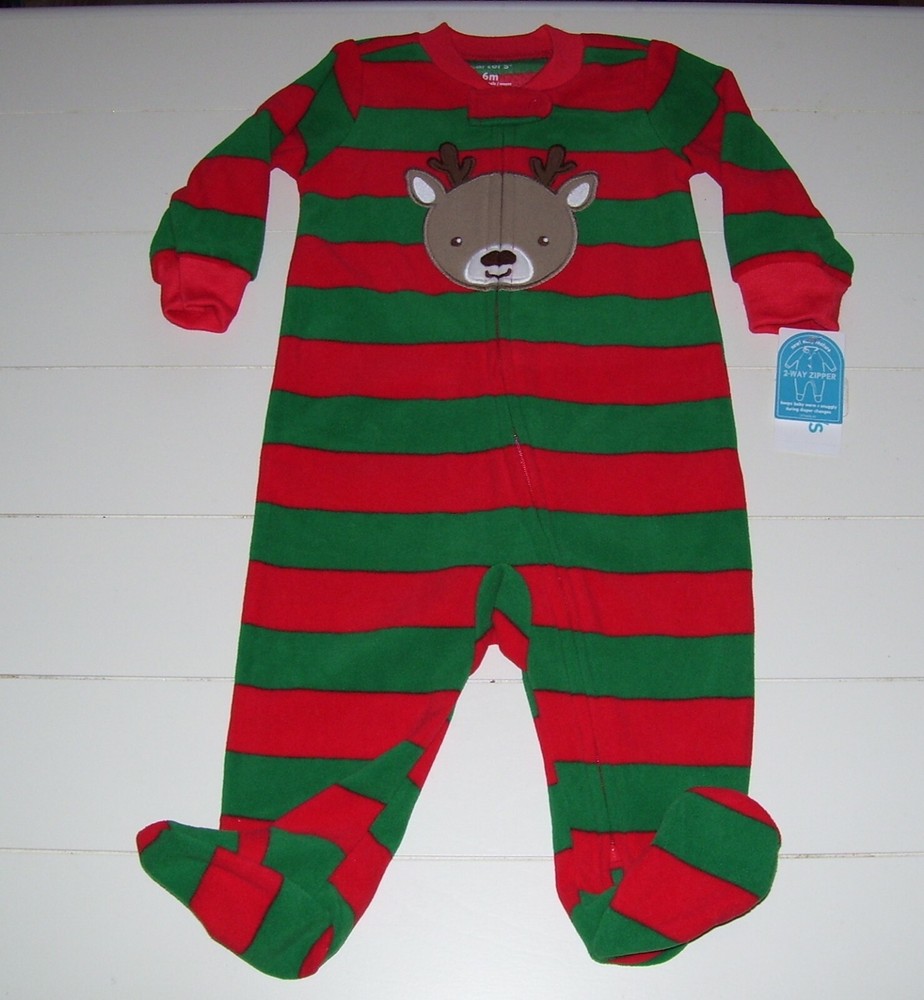 Carter's Baby Red Green Reindeer Footed Fleece Christmas Pajamas Sz 6M or 9M