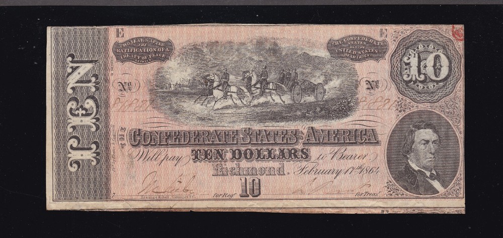1864 $10 Confederate T-68 CSA Note Civil War Currency VF-XF (831)