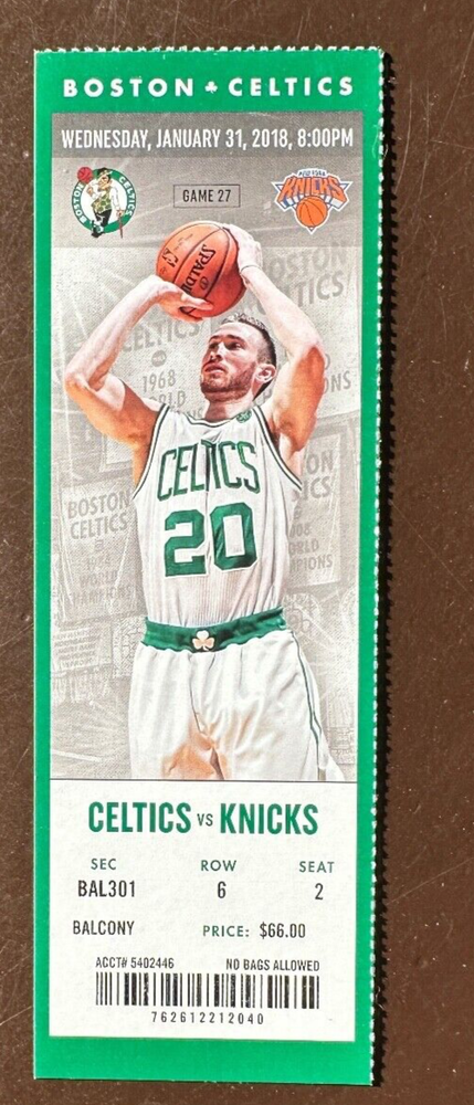 Boston Celtics 1/31/2018 NBA ticket stub vs New York Knicks