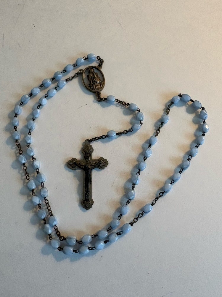 Vintage Pale BLUE Milk Glass Bead Rosary Beads  ITALY Stamp 16 3/4” Silver Tone