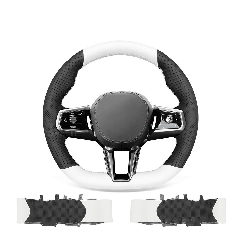 Hand sewn Black White PU Leather Steering Wheel Wrap for BMW 5 Series M Sport