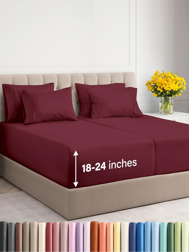 Burgundy Extra Deep Split King 7-Piece Cooling Wrinkle-Free Sheet Set