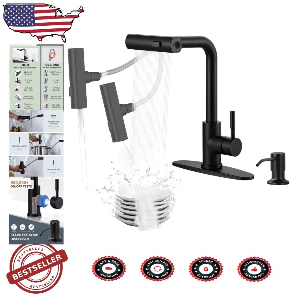 3-Function Black Kitchen Faucet with Built-In Soap Dispenser - Easy Install