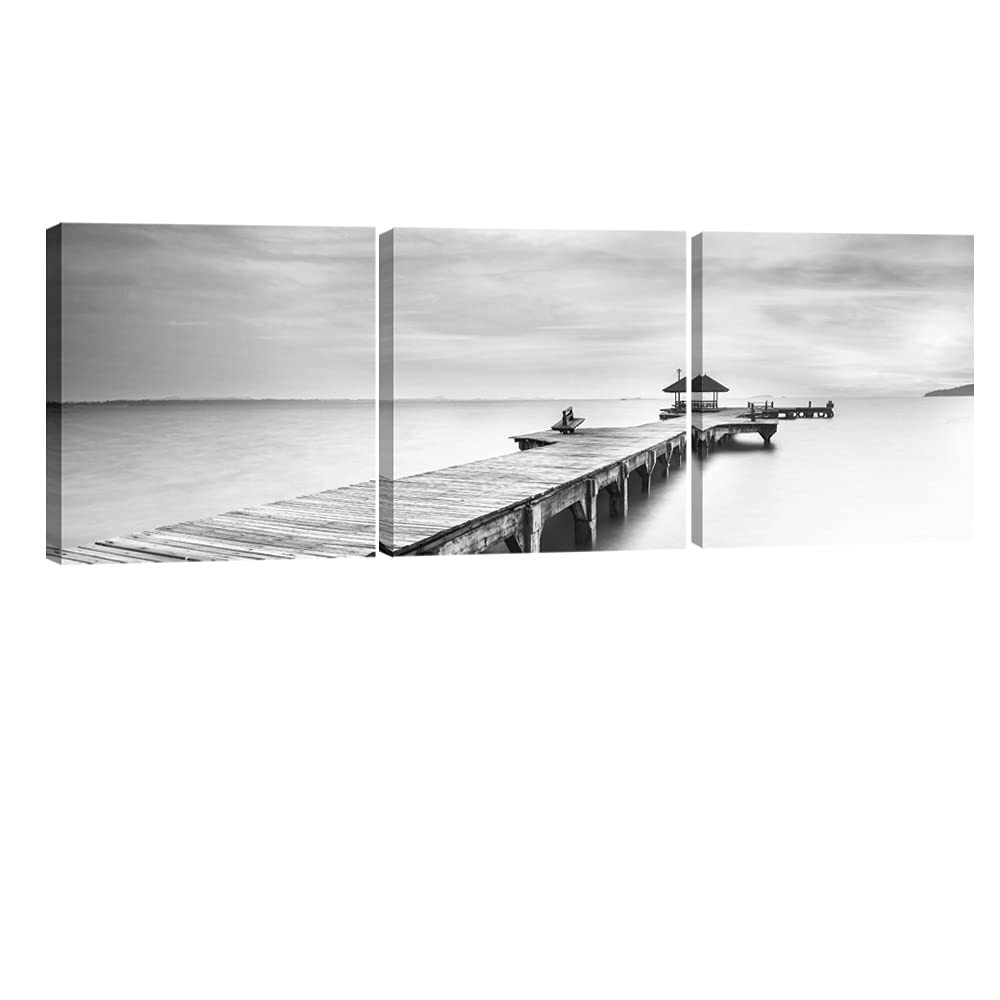 Large 3 Panels Black and White Peace Ocean Bridge Landscape Canvas Prints Mod...