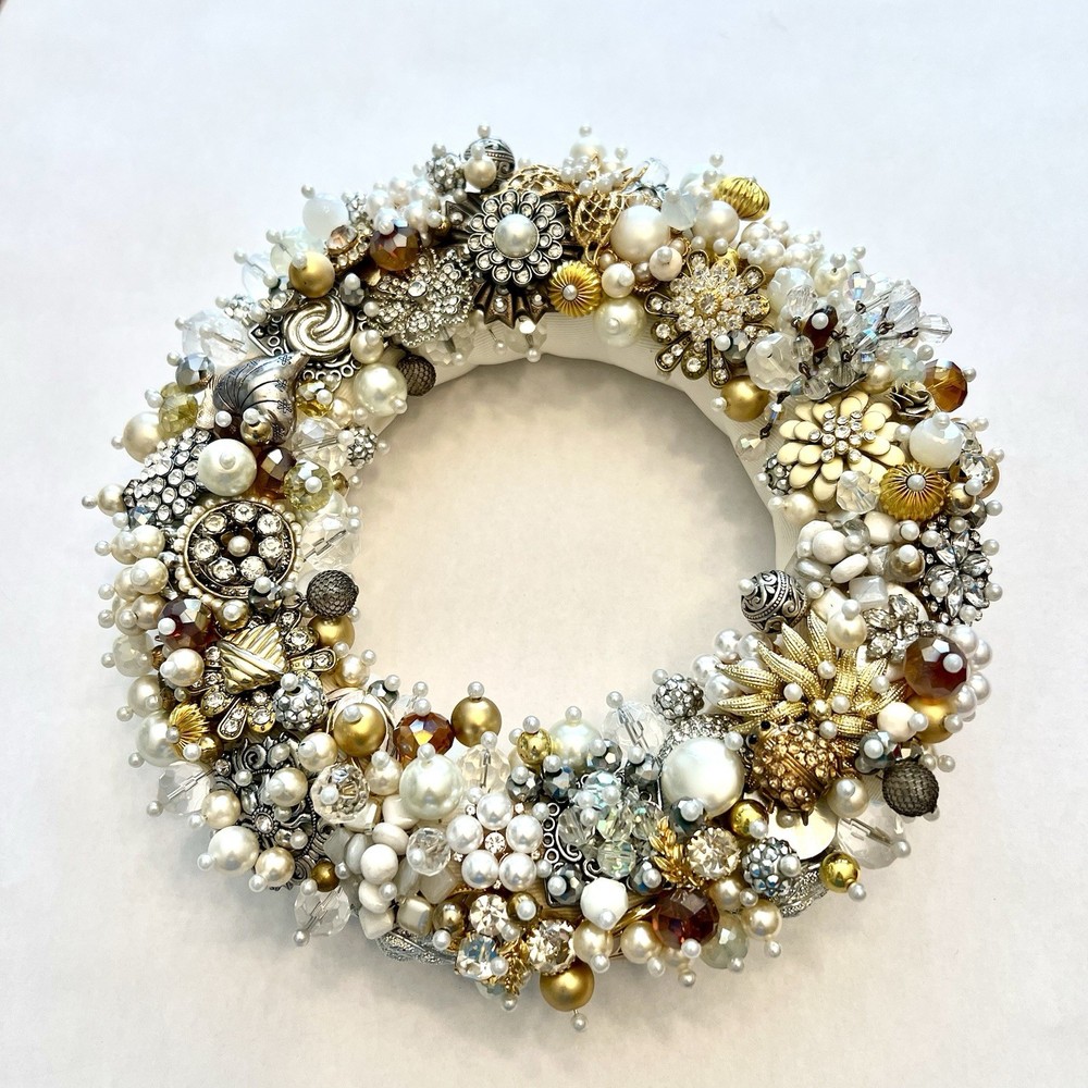 Handcrafted White Gold Silver Beaded 9 Inch Round Wreath Hanger