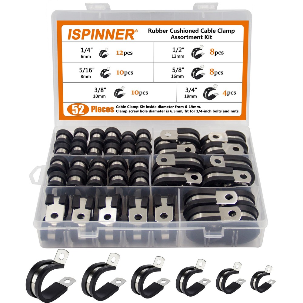 52pcs Cable Clamps Assortment Kit, 304 Stainless Steel Cushion Pipe Clamps in...
