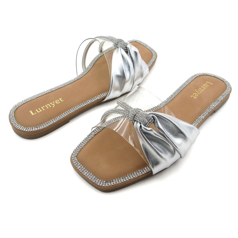Women's Rhinestone Trim Sandals Clear PVC Rhinestone PU Upper Slides Square Toe
