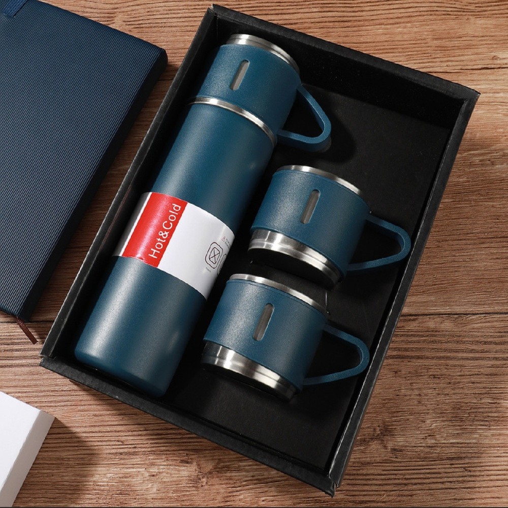 Vacuum Insulated Flask Set 3 Piece Kit w Cups BLUE  Thermos  Stainless Steel