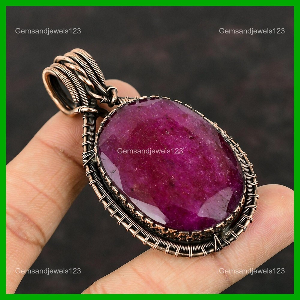 Mother's Day Deal Copper Wire Wrapped Kashmir Ruby Stone Pendant-image