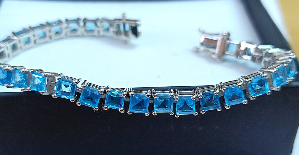 15ct Square Cut Blue Topaz Tennis Bracelet in 925 Sterling Silver for Women