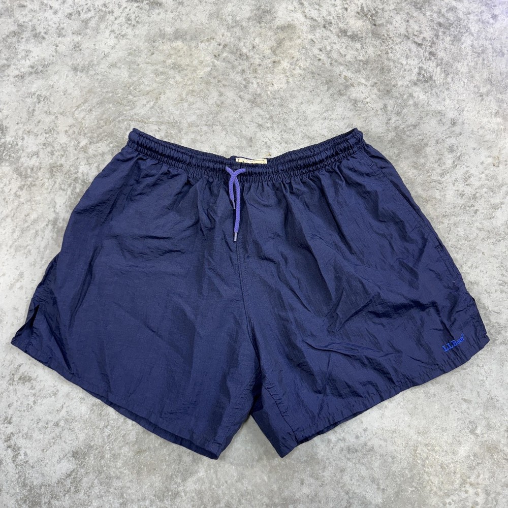 LL Bean Shorts Mens Large Blue Nylon Swim Trunks Drawstring Vintage USA 90s