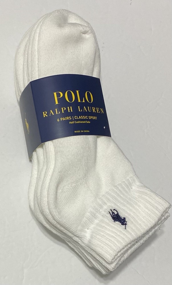 Polo Ralph Lauren Athletic 6-Pair Men's Quarter Crew Socks White with Navy Pony