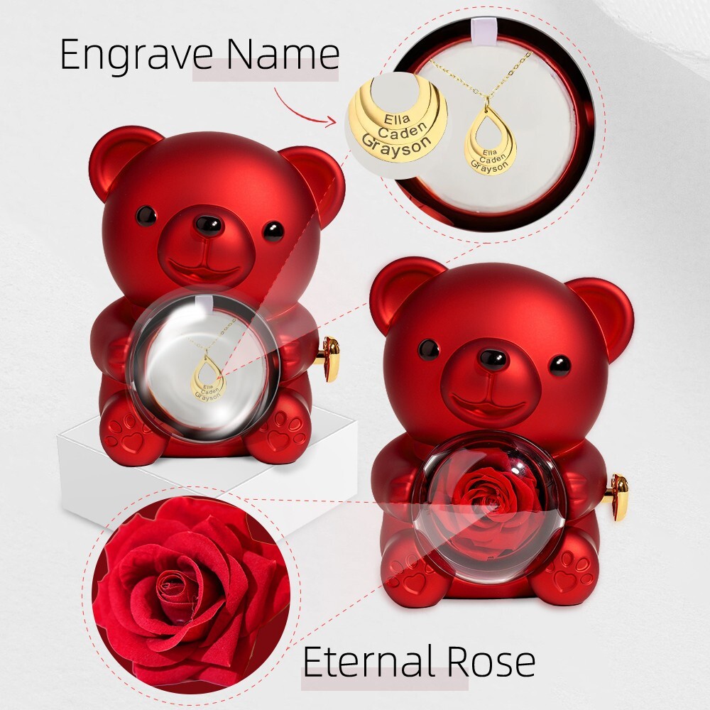 Engraved necklace Cute teddy bear with timeless rose gift for Valentine's Day
