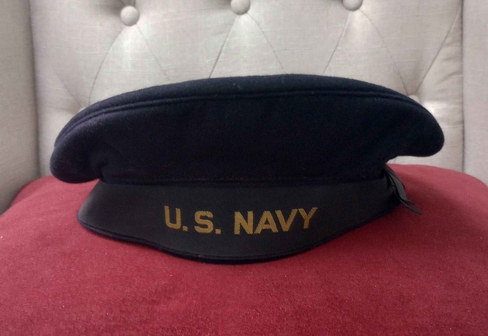 US Navy Dress Blue Service Uniform Enlisted Blue Flat Cap 7 1940s WW2 Wool Cloth