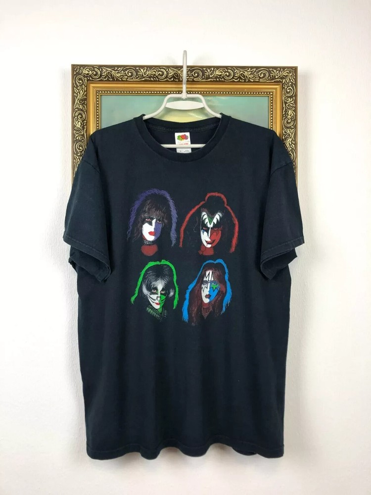 Vintage Kiss Shirt Band Rare Tee Hype Metal Over Print Black Mens Faces Size XL