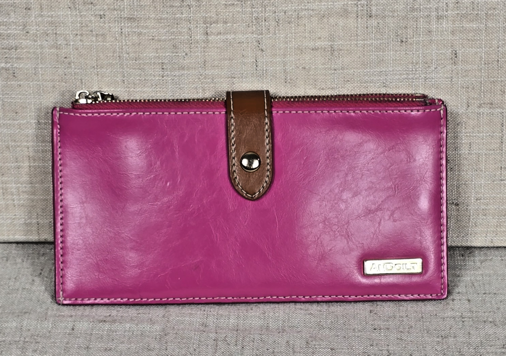 Slim Pink Leather Wallet With Zipper Pockets for Women  