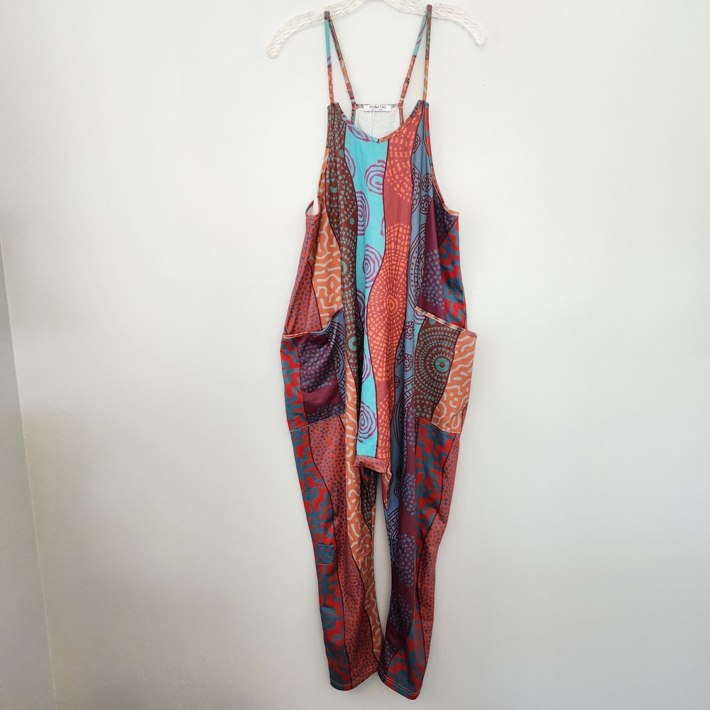 Women's Jumpsuit M Red Abstract Pockets Artsy Colorful Bold Vibrant Slouchy Boho