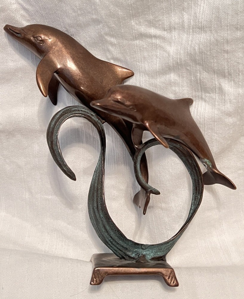 Bronze Dolphins Dancing in Waves Sculpture Patina On Base (San Pacific Intl?) T1