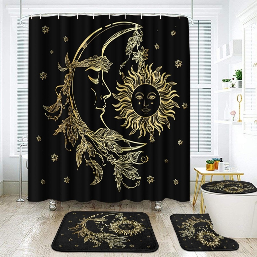 Golden Moon Sun Bathroom Set with Shower Curtain and Rugs Accessories Stars B...