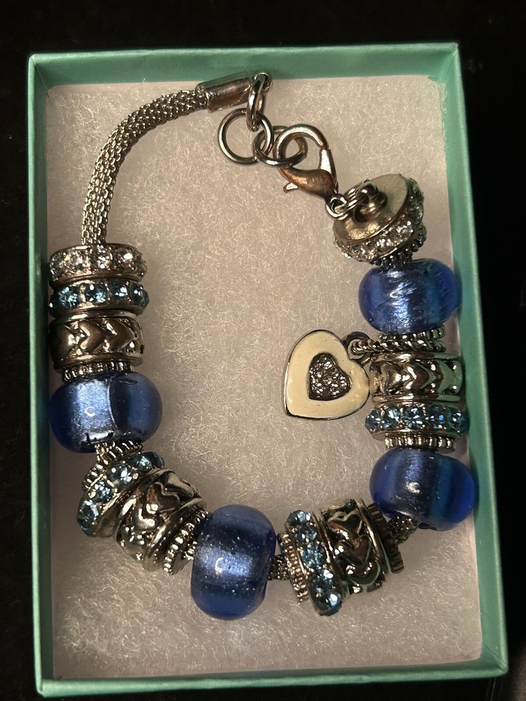Crystal Blue Rhinestone Bracelet Silver Stone Heart Charm With Gift Box 9 J